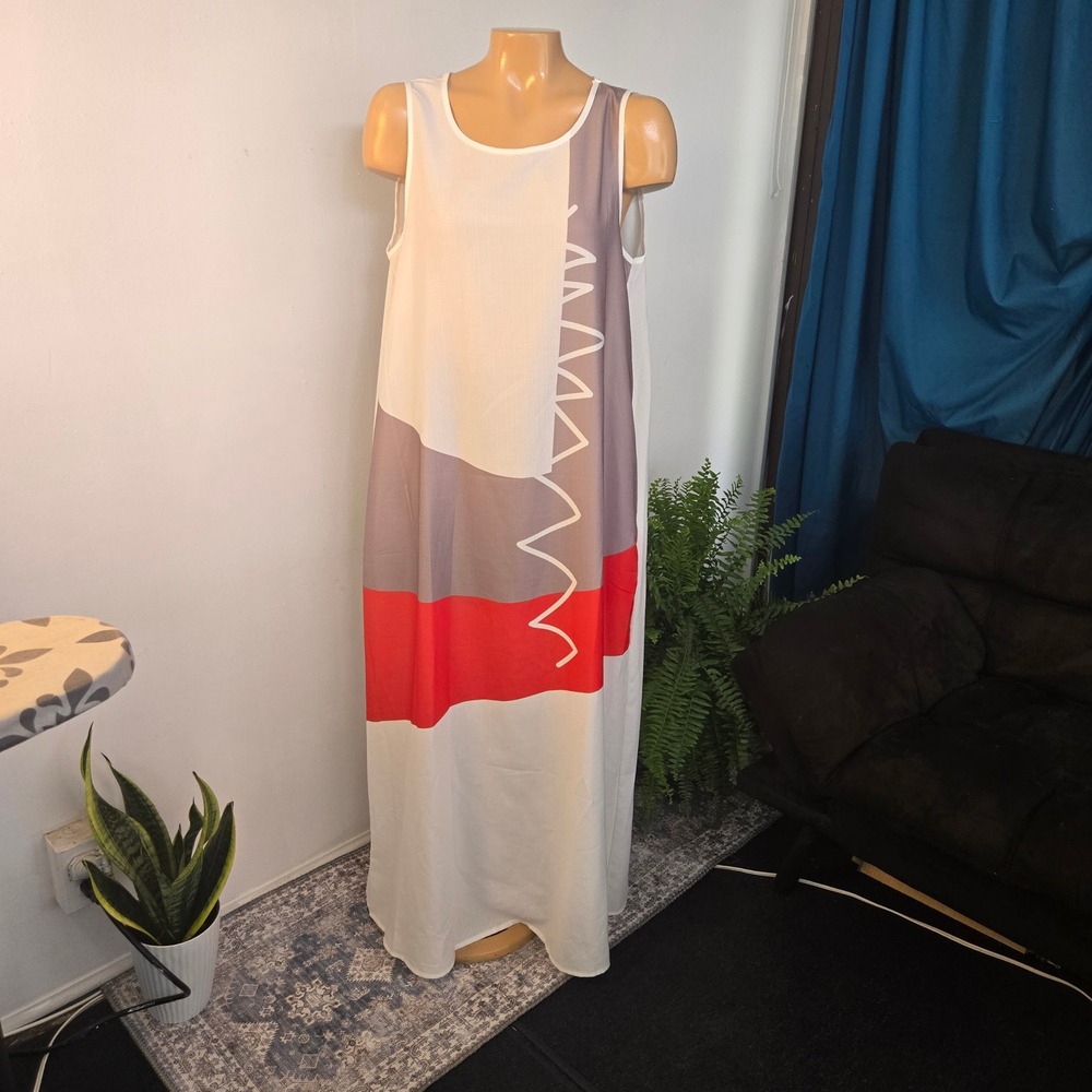 Unbranded Womens Abstract Geometric Maxi‎ Dress XL White Red Colorblock Vacation